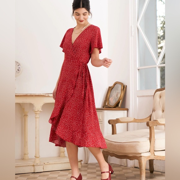 Rihoas Polka Dot Ruffle Wrap Dress - Picture 1 of 7